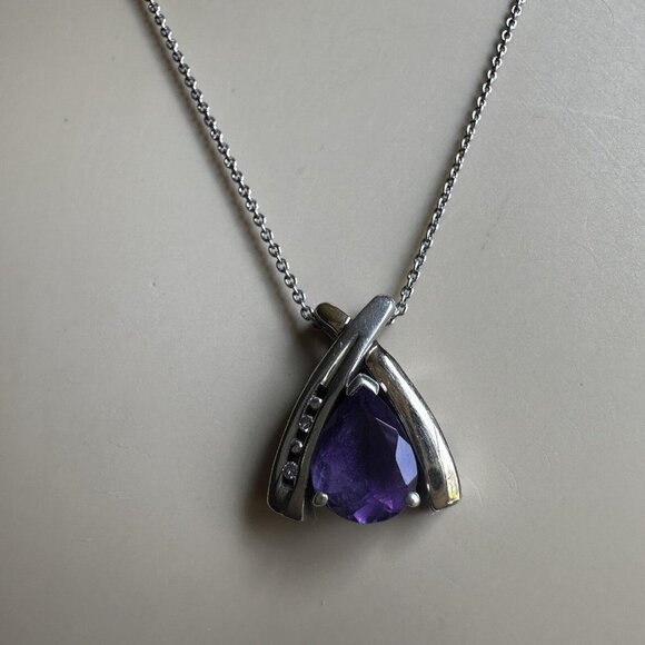 Pendant Necklace 18" Pear Shape Purple Amethyst 925 Sterling 14K Gold Plate 3.5g - Picture 2 of 8